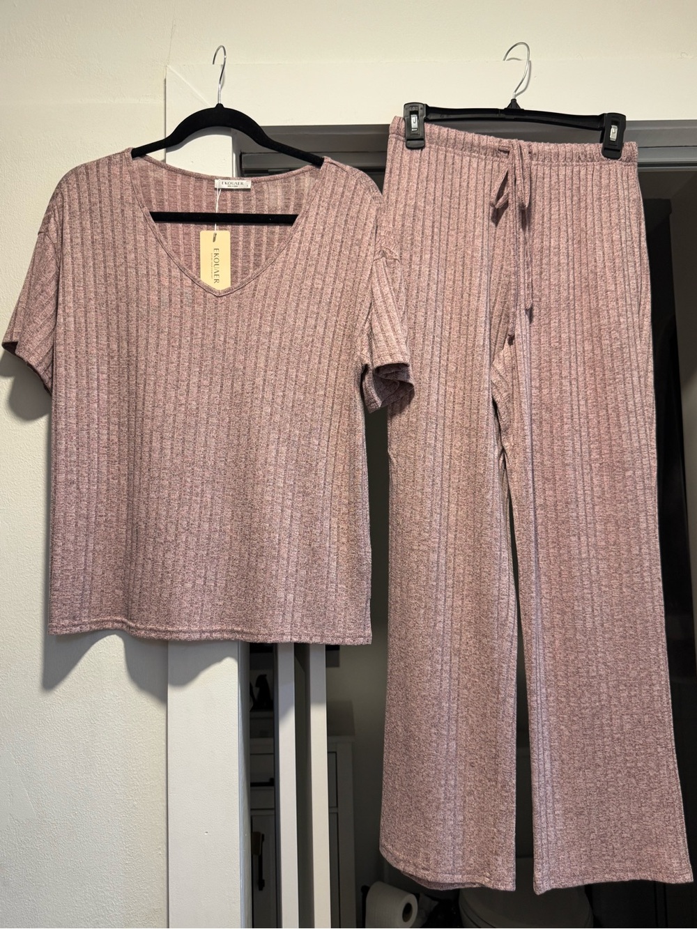 Ribbed V-Neck Lounge Set - Blush pink mauve purple